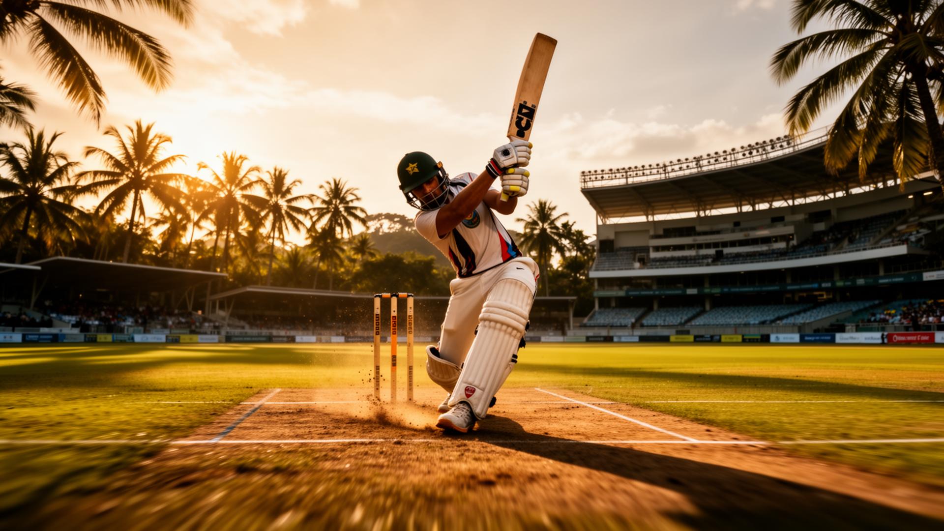 Cricket batsman playing a shot at a Malaysian ground